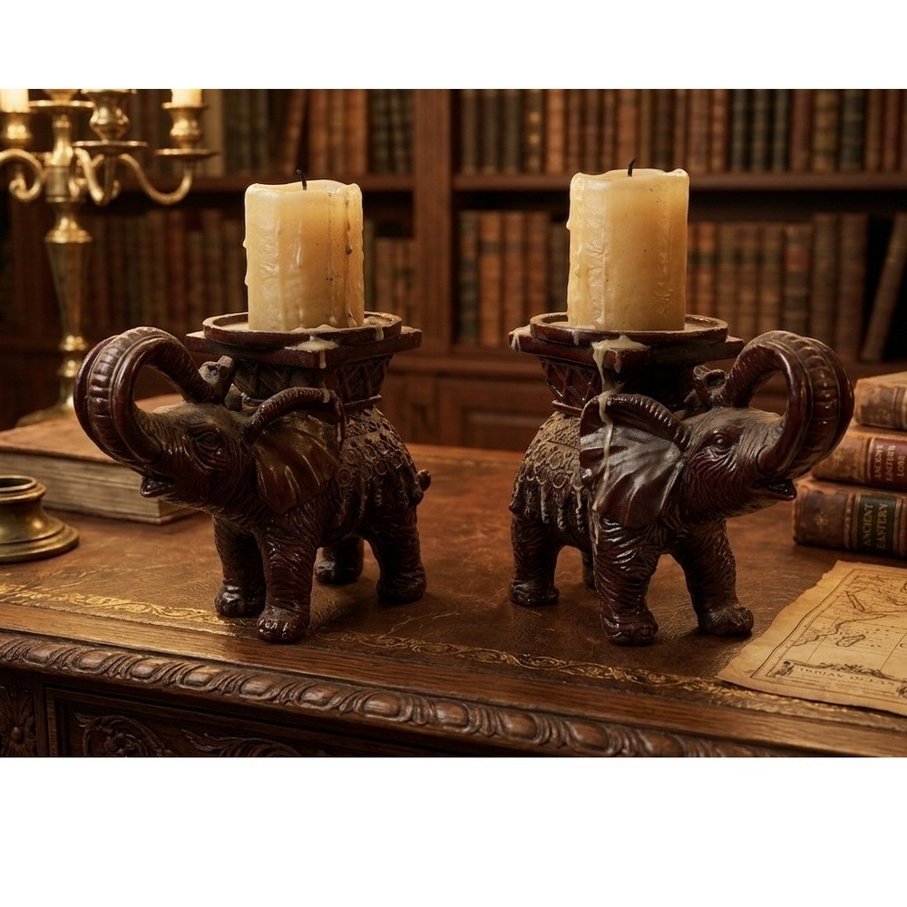 Vintage Style Elephant Pillar Candle Holders Pair Dark Brown Resin Figurines